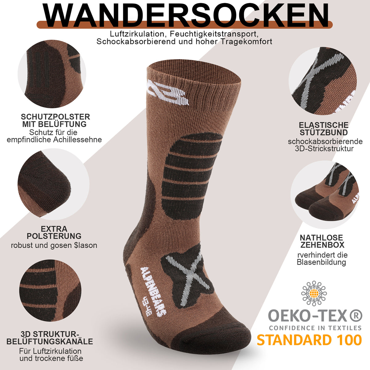 Wandersocken Merino Wolle - 2er-Set - Braun - Braun - Größe 43-48 mit Polsterung, Belüftung und anatomischem Fußbett für Wanderungen.