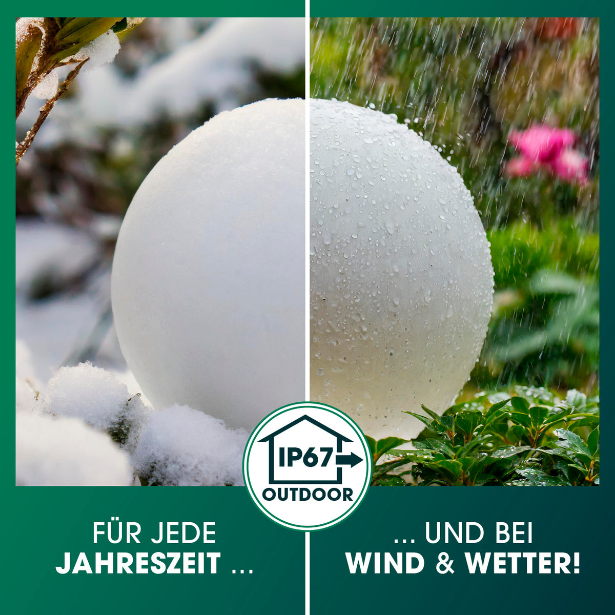 Solar-Dekokugel mit Farbwechsel - 4er-Set wetterfest IP67, geeignet für alle Jahreszeiten, Schnee, Regen und Wind im Außenbereich.