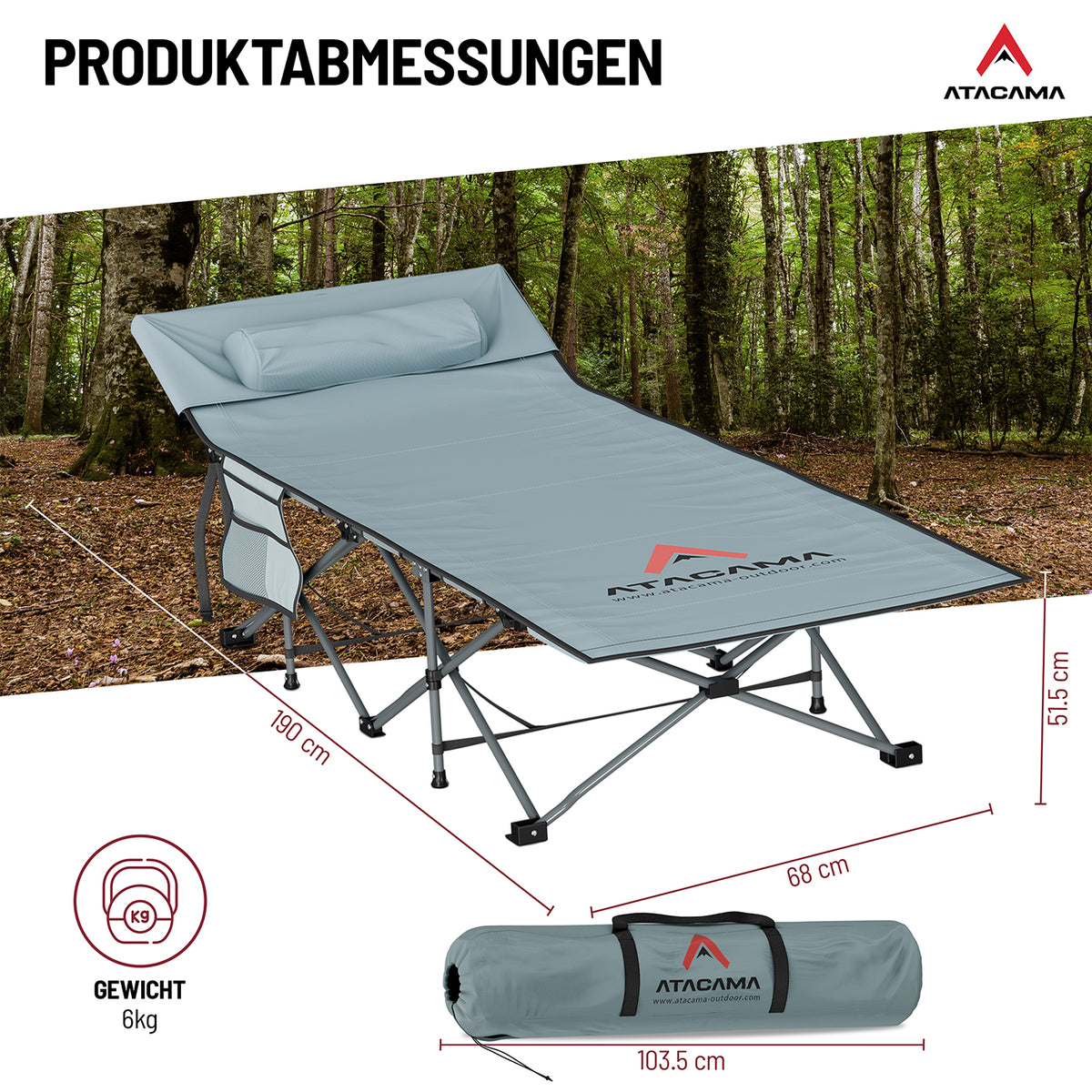 Campingbett mit Matratze - 190 x 68 x 38 cm, klappbar, mit Stahlrahmen, Seitentasche, inkl. Tragetasche, ideal für Outdoor und Camping.