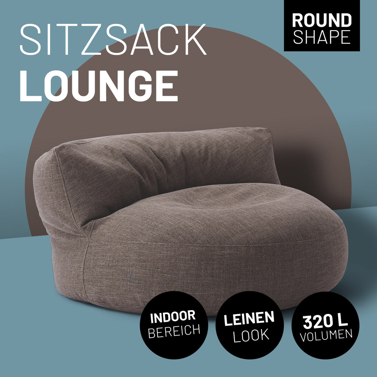 Interior Line Sitzsack-Lounge (320 L) braun im Leinen-Look für Indoor, komfortables Sitzsack-Sofa mit rundem Design.