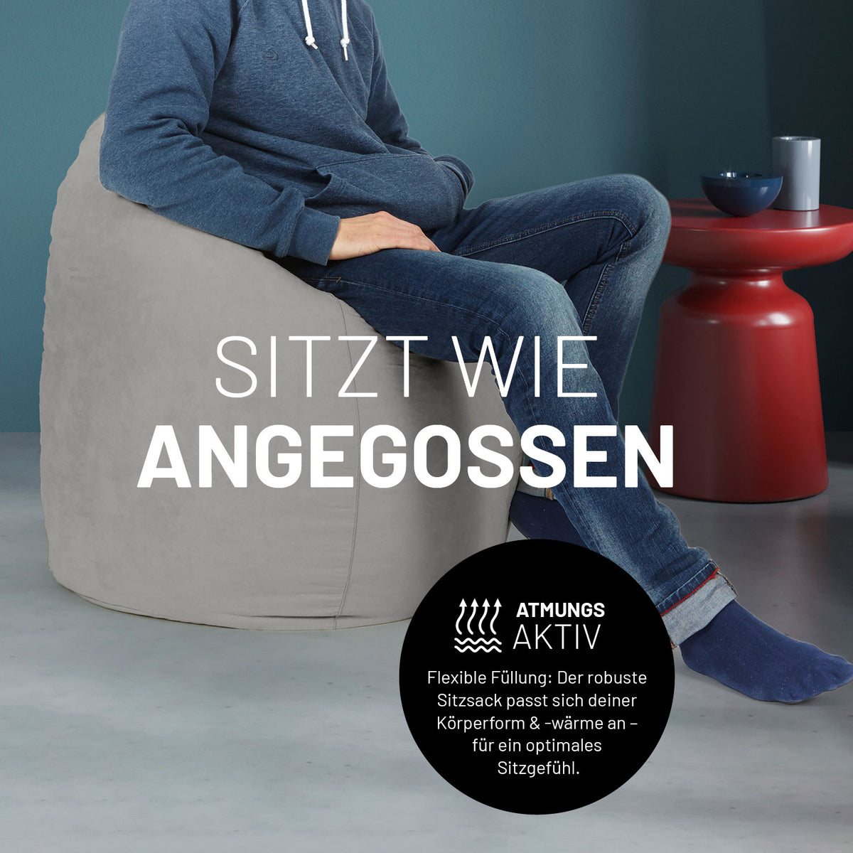 Luxury XL Sitzsack (120 L) - indoor - Grau von Lumaland, atmungsaktiv, flexibel und bequem für modernes Wohnambiente.