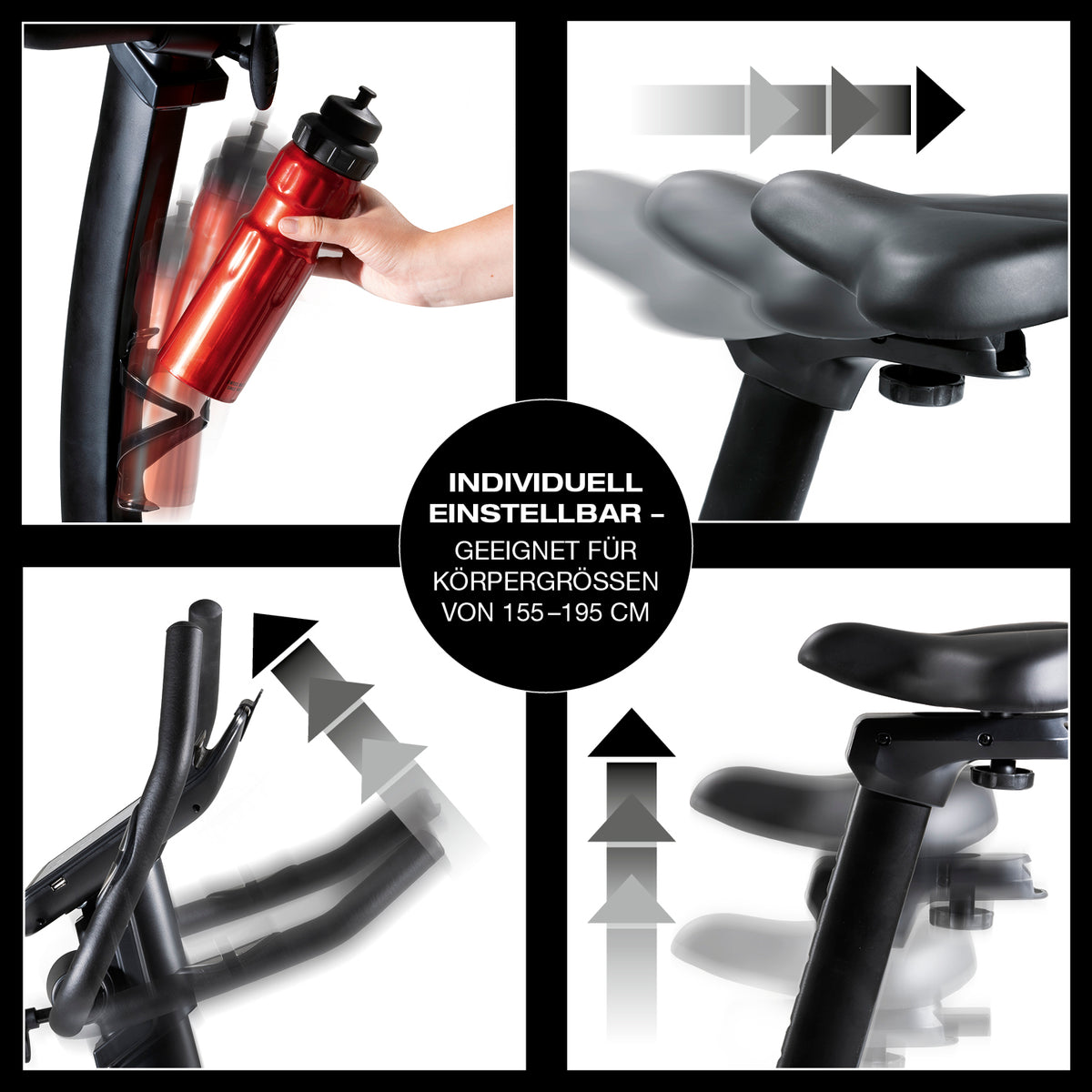 Heimtrainer Smart mit individuell einstellbarem Sattel, Flaschenhalter und ergonomischem Design für Körpergrößen bis 195 cm.