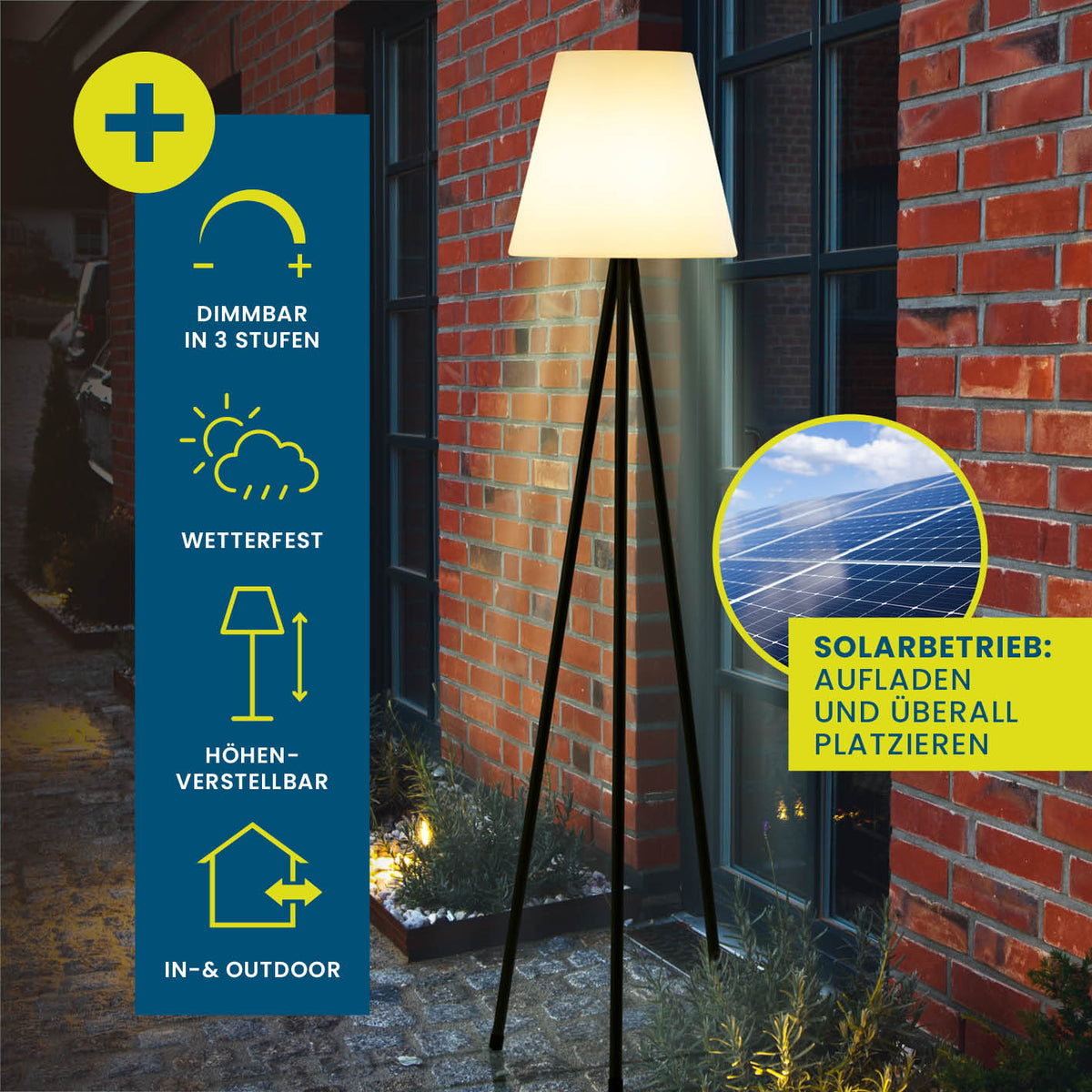 Solar-Stehlampe mit warmweißem LED-Licht, solarbetrieben, wetterfest, höhenverstellbar und dimmbar für In- und Outdoor-Bereich.
