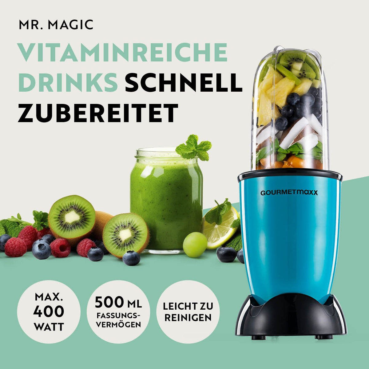 Mr. Magic Power 400 Pro Basis-Set M Grün/Schwarz kompakter Standmixer mit 400 W Motor und 500 ml Behälter für schnelle, vitaminreiche Drinks.