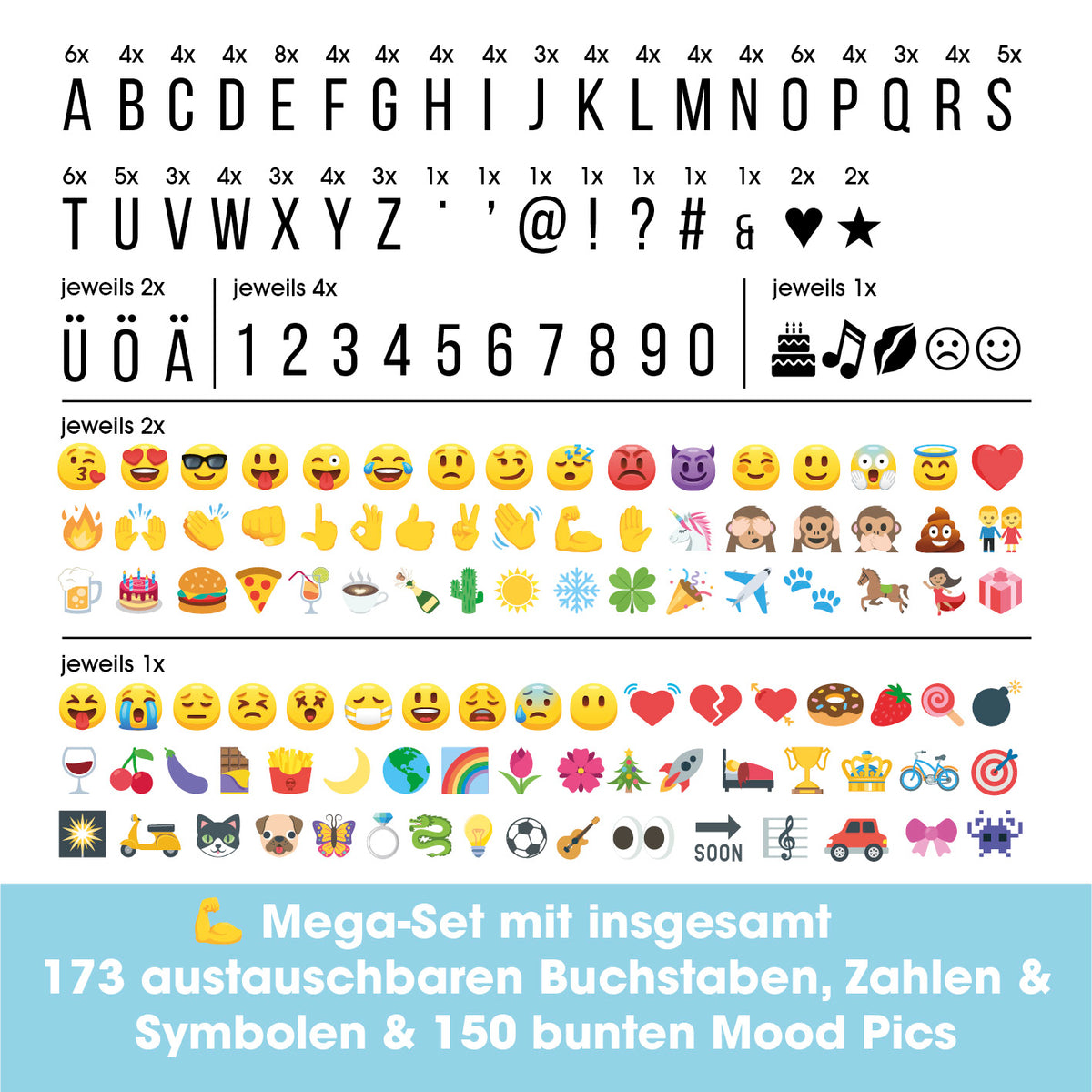 LED-Leuchtkasten Würfel mit 173 austauschbaren Buchstaben, Zahlen sowie 150 bunten Moodjis für individuelle Textbotschaften und Dekoration.