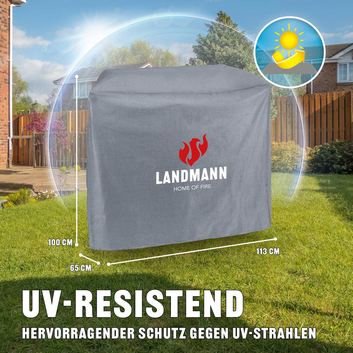 Wetterschutzhaube Premium - 38 x 44 x 34cm - Grau aus robustem, wasserdichtem und UV-beständigem Material für optimalen Grillschutz.
