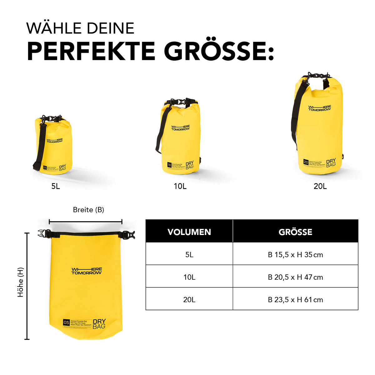 Dry Bag 5L - Style 01 - Gelb, wasserfester, robuster Outdoor-Rucksack mit UV-Schutz und verstellbarem Schultergurt in kompakter Größe.