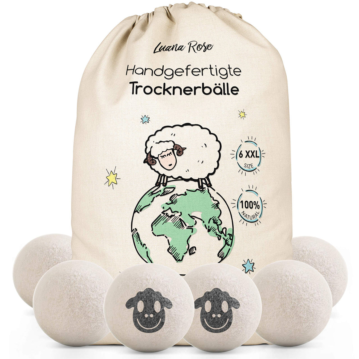 Trocknerbälle für Wäschetrockner - 6er-Set - Schafwolle, handgefertigt aus 100% natürlicher, hypoallergener Neuseelandwolle.