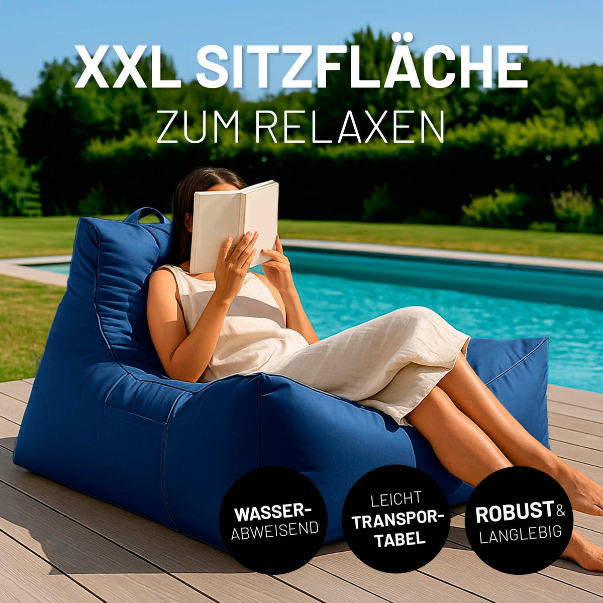 Premium Lounge-Sessel - 380 L - 100 x 100 x 80 cm - Navyblau mit XXL Sitzfläche, wasserabweisend, robust, leicht transportabel für Innen und Außen.