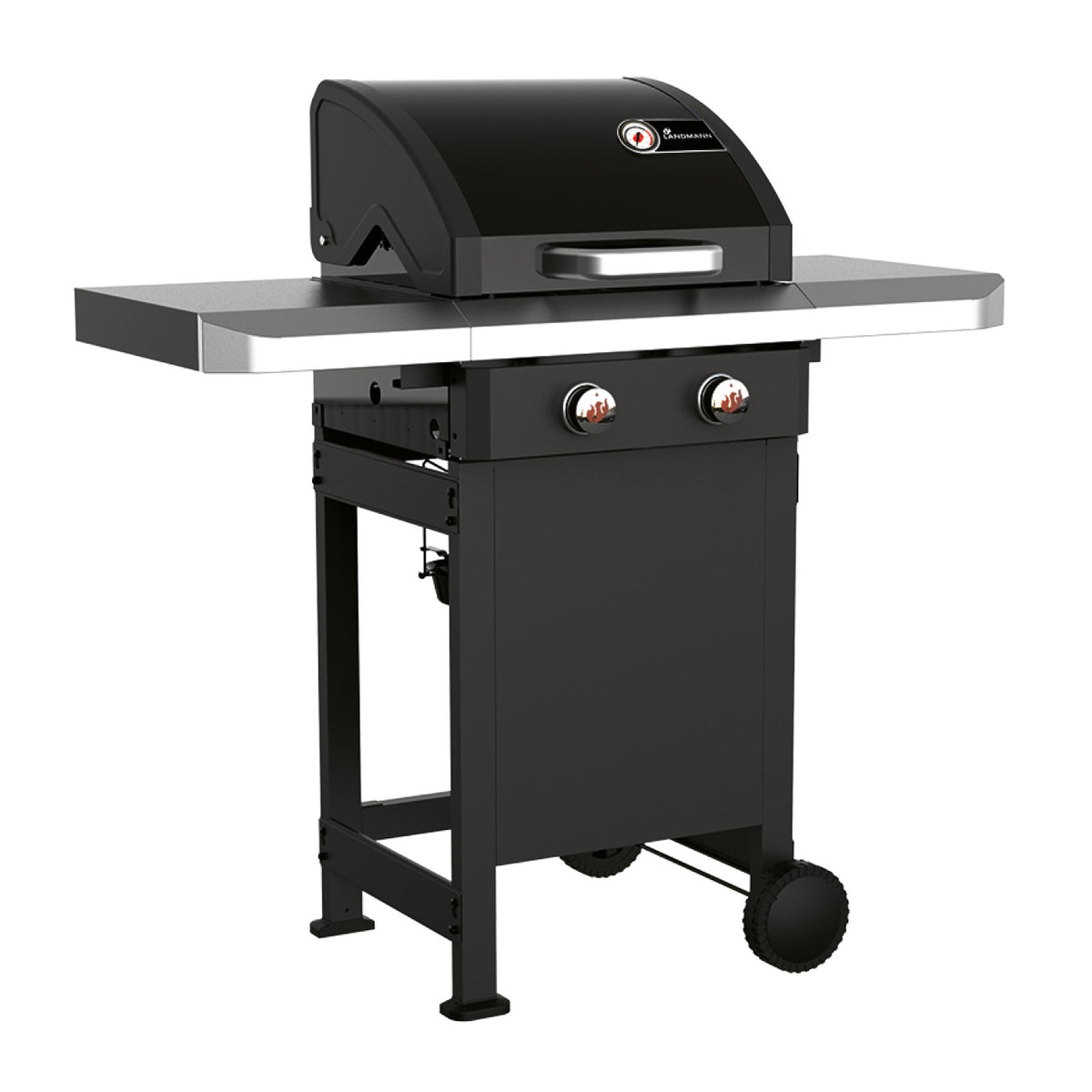 Gasgrill Rexon 2.0 mit 2 Edelstahl-Brennern, Piezozündung, emaillierten Grillrosten und Warmhalterost, schwarz und silber.