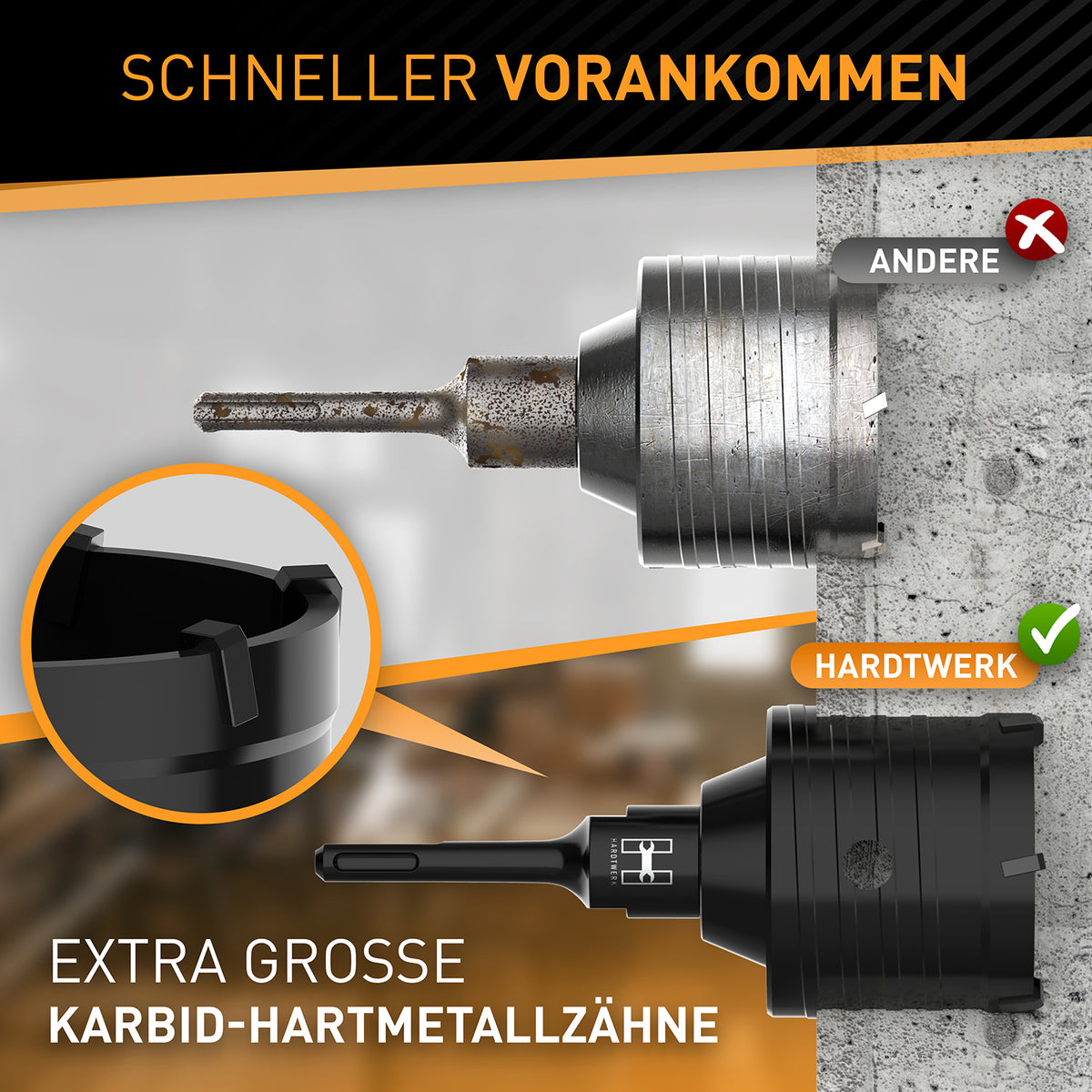Kronenbohrer - 82mm + SDS-Plus-Adapter mit extra großen Karbid-Hartmetallzähnen für effizientes Bohren in Beton und Mauerwerk.