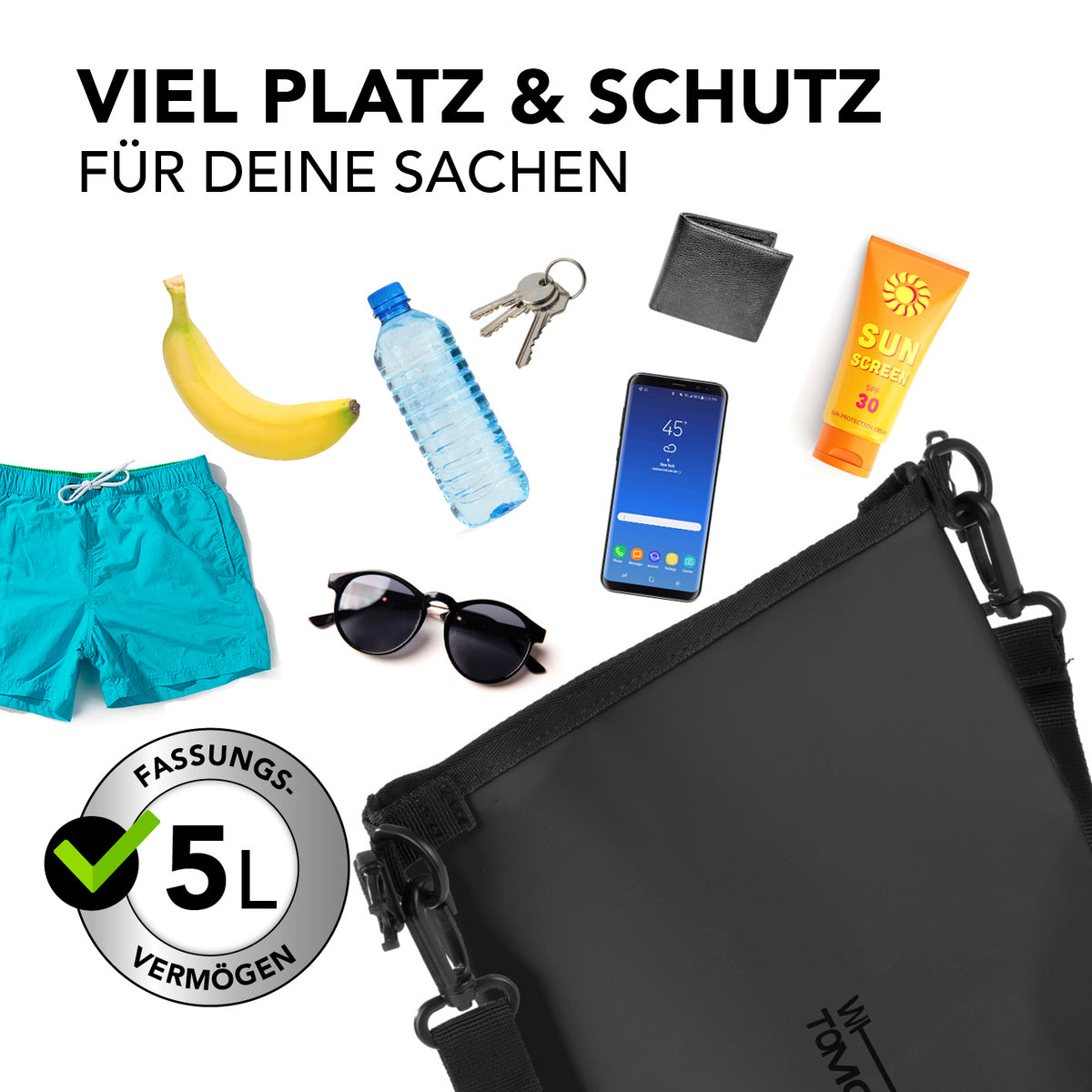 Dry Bag 5L - Style 02 - Schwarz mit wasserdichtem Rolltop, verstellbarem Schultergurt und robustem Design für Outdoor-Abenteuer.