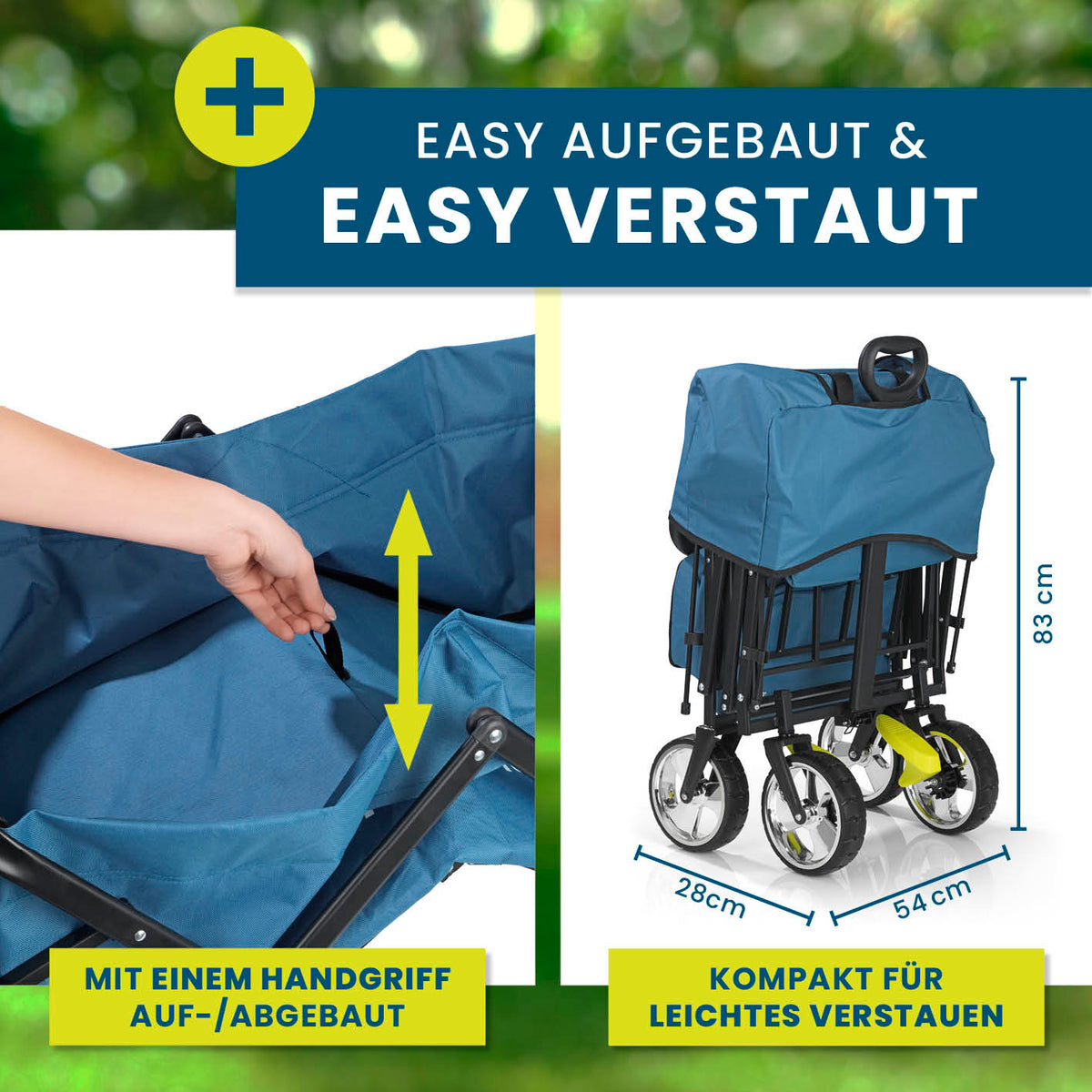 Faltbarer Bollerwagen - Blau, schnell aufgebaut und kompakt zusammengefaltet mit praktischem Handgriff und stabilen 360°-Rädern.