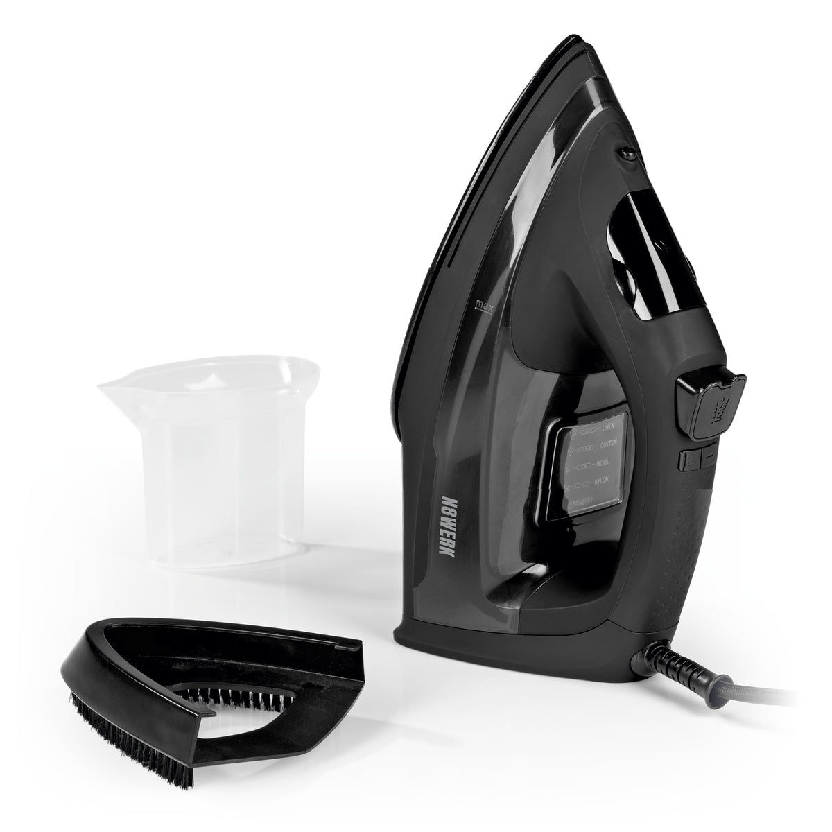 Dampfbügeleisen Midnight Black Edition mit Dampfgenerator, LCD-Anzeige und ergonomischem Soft-Touch-Griff in elegantem Schwarz.