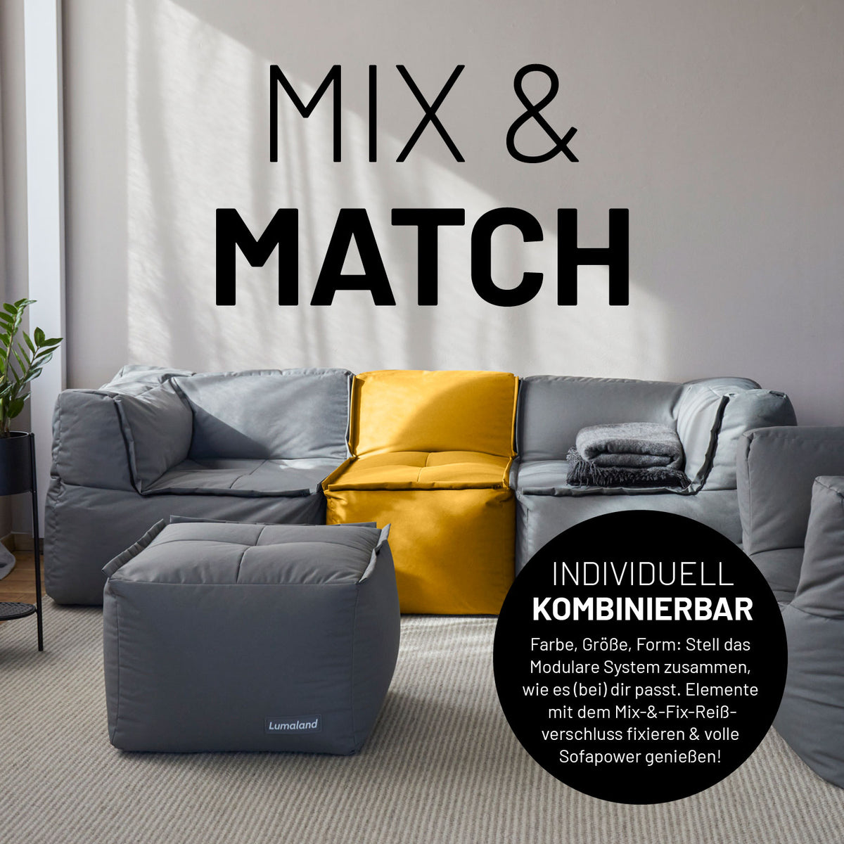 Sitzsack-Hocker (200 L) - Modulares System - indoor & outdoor - Senfgelb als Teil eines kombinierbaren Sofasystems mit Reißverschlussfunktion.