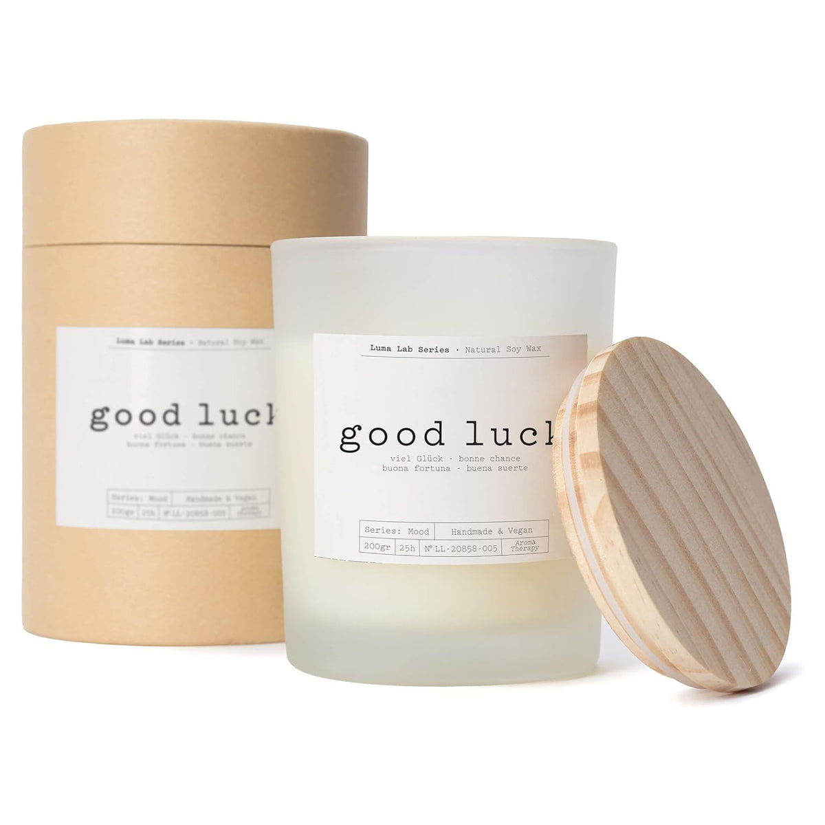Duftkerze Mood "Good Luck" im Glas mit Holzdeckel, vegan, nachhaltig, 25 Stunden Brenndauer, ideale Geschenkidee für besondere Momente.
