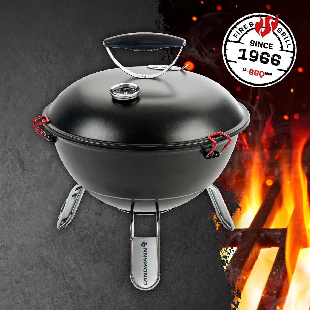 Piccolino King Kugelgrill mit Lüftungsscheibe, gummierten Klammern und Edelstahl-Grillzange, pulverbeschichteter Deckel & Feuerschale.