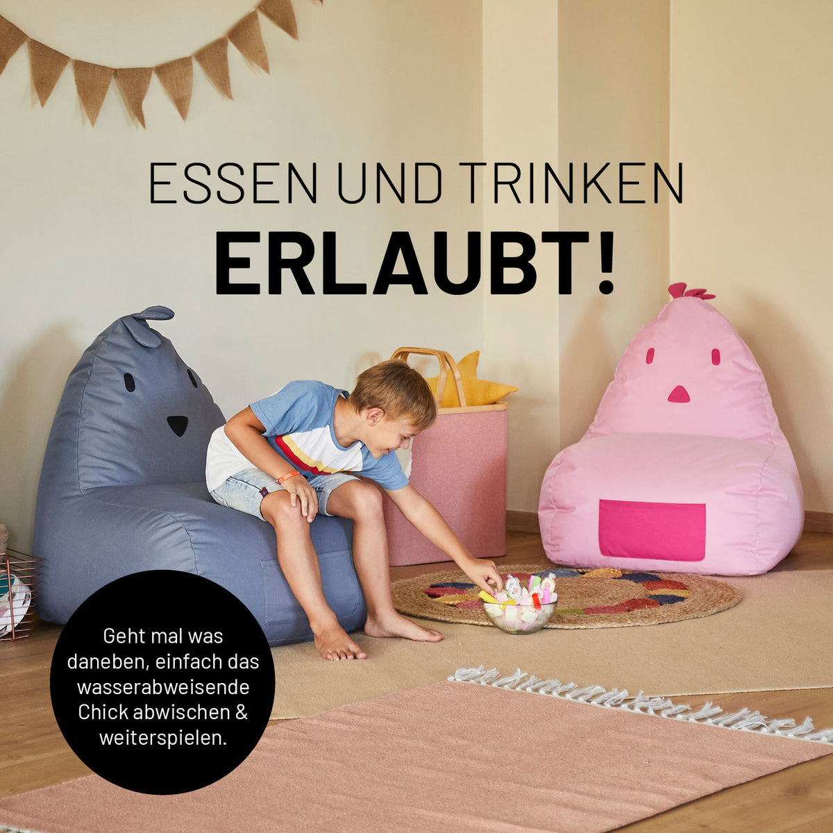 Kindersitzsack Animal Line Chick (200 L) in Stahlgrau, wasserabweisend, weich, indoor & outdoor, leicht abwischbar und robust.