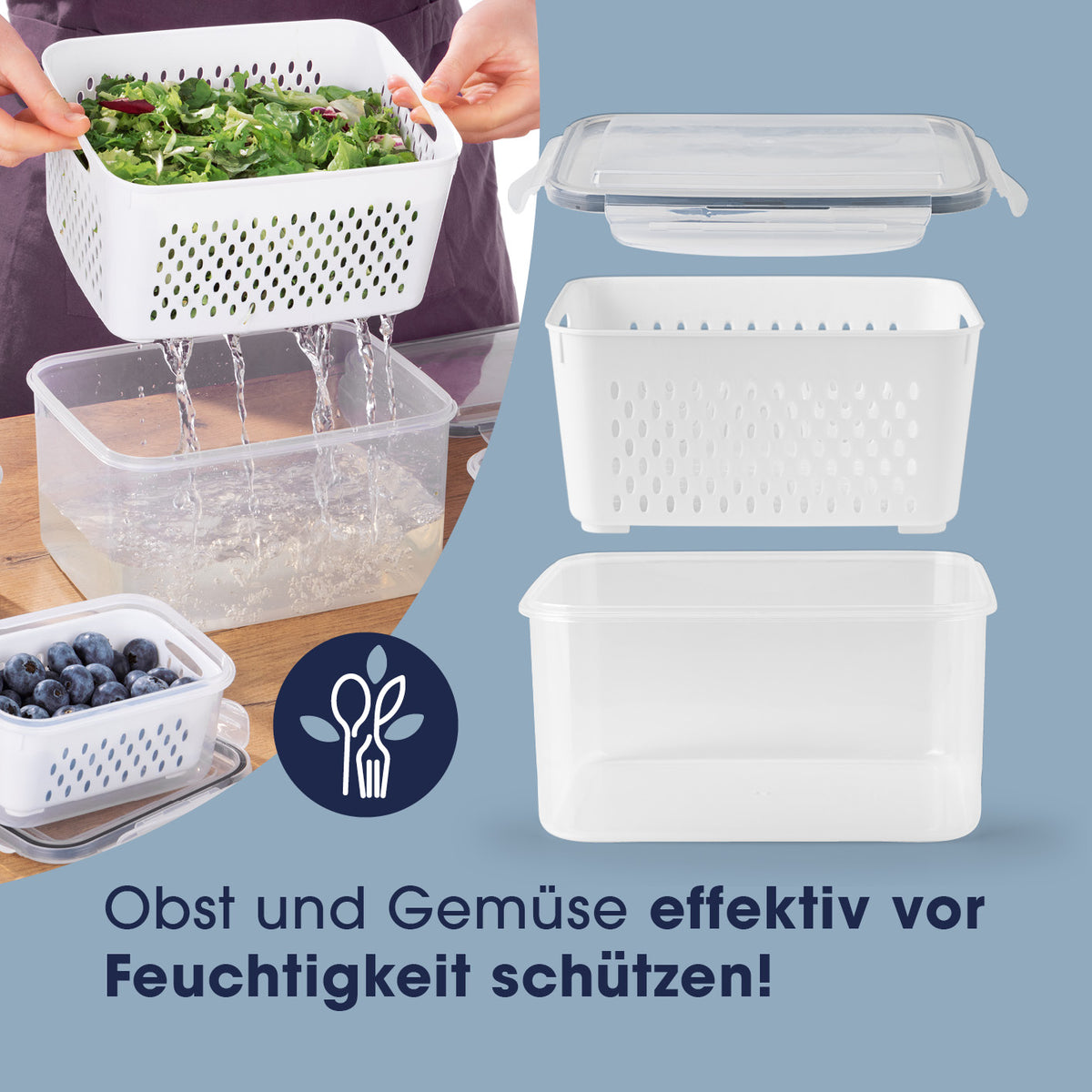 Frischhaltedosen für Kühlschrank mit Abtropfsieb zur luftdichten, auslaufsicheren Aufbewahrung von Obst und Gemüse mit Silikondichtung.