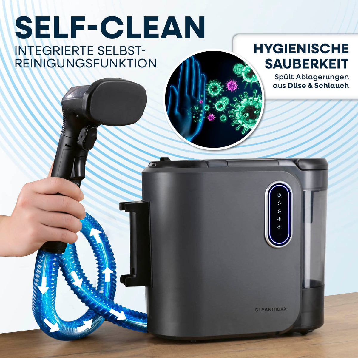 Polster- & Teppichreiniger Pro Steam mit integrierter Selbstreinigungsfunktion für hygienische Sauberkeit und einfache Bedienung.