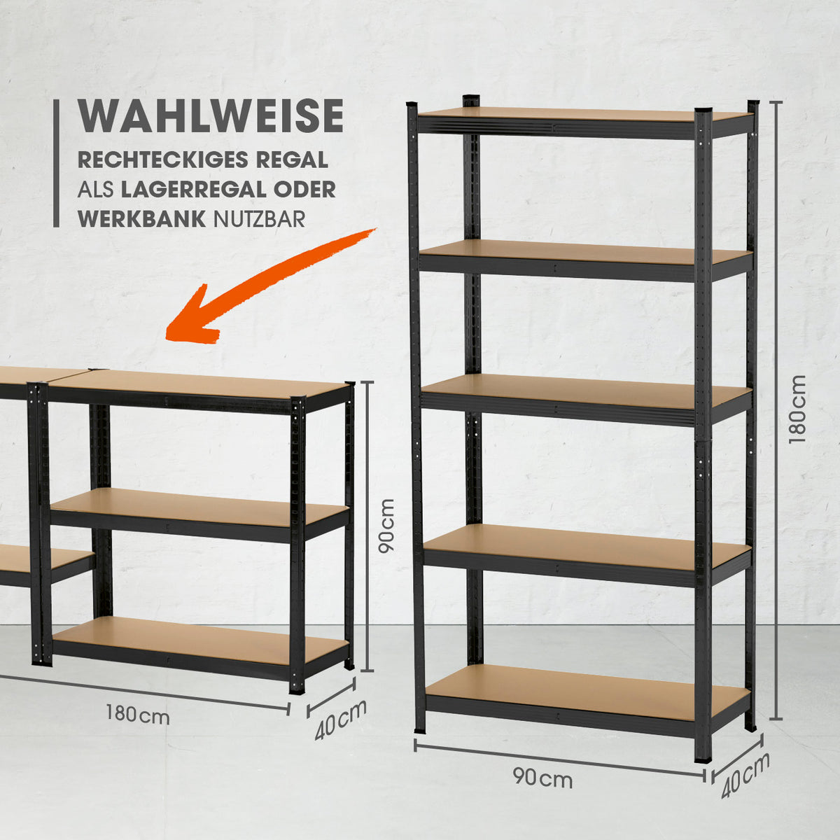 Schwerlastregal mit 5 belastbaren Holzböden - 180 x90 x 40 cm - schwarz - 2er-Set als Regal oder Werkbank nutzbar.