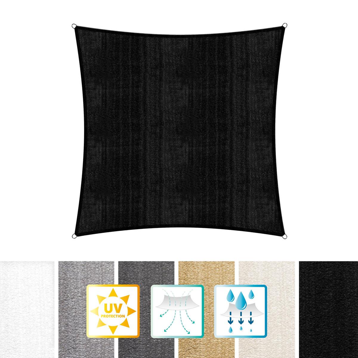 Sonnensegel 100% HDPE mit Stabilisator für UV-Schutz - Quadrat 3 x 3 Meter - Schwarz, wetterfest und reißfest mit rostfreien Ringen