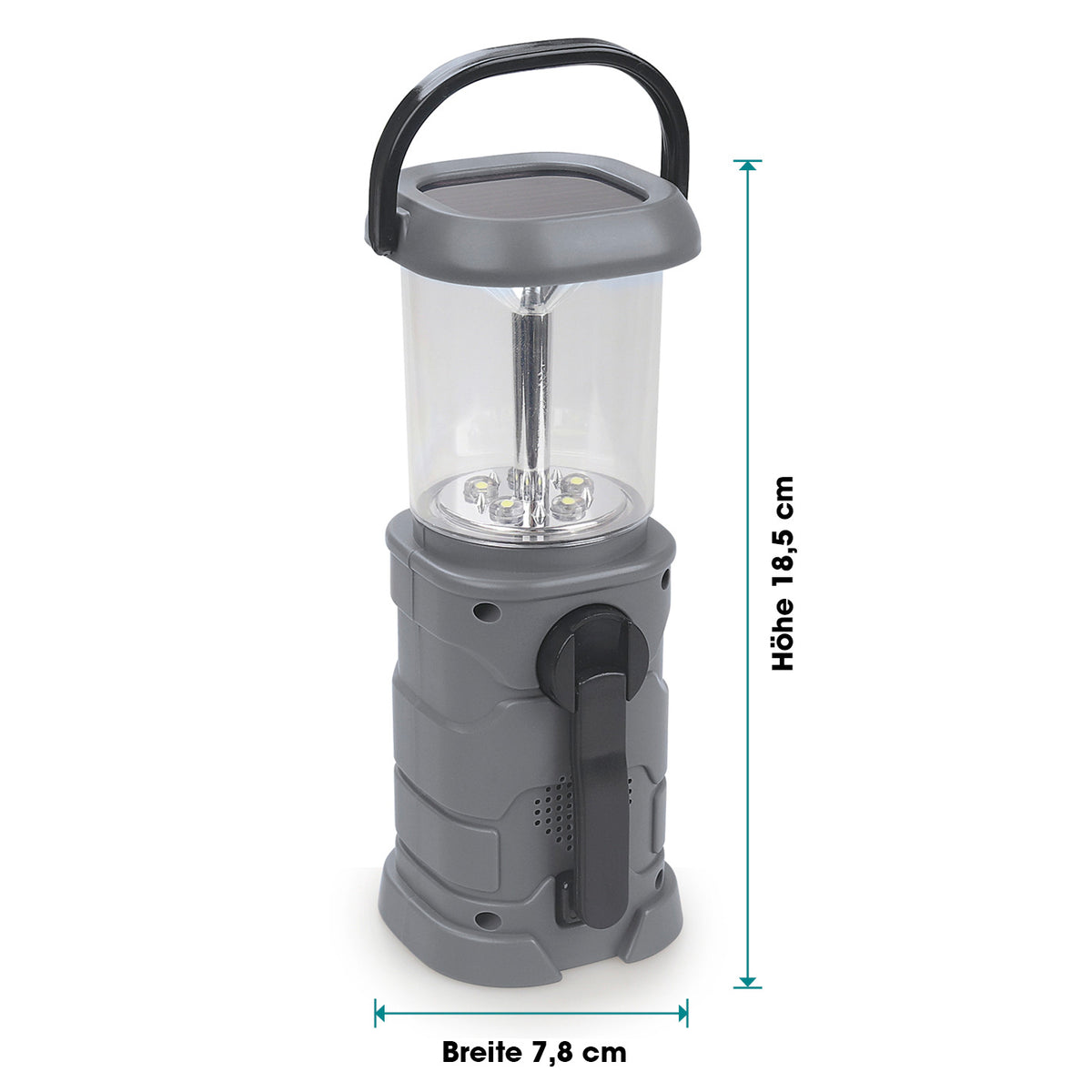 Akku-Lampe mit Radio – Solar-, Kurbel- und USB-Ladung, 5 LEDs, 110 Lumen, beweglicher Griff, kompakte Maße 18,5x7,8 cm.