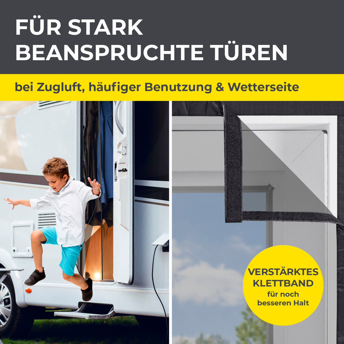 Insektenschutzvorhang für Wohnwagen - 60 x 180 cm mit verstärktem Klettband für starken Halt bei beanspruchten Wohnwagentüren.
