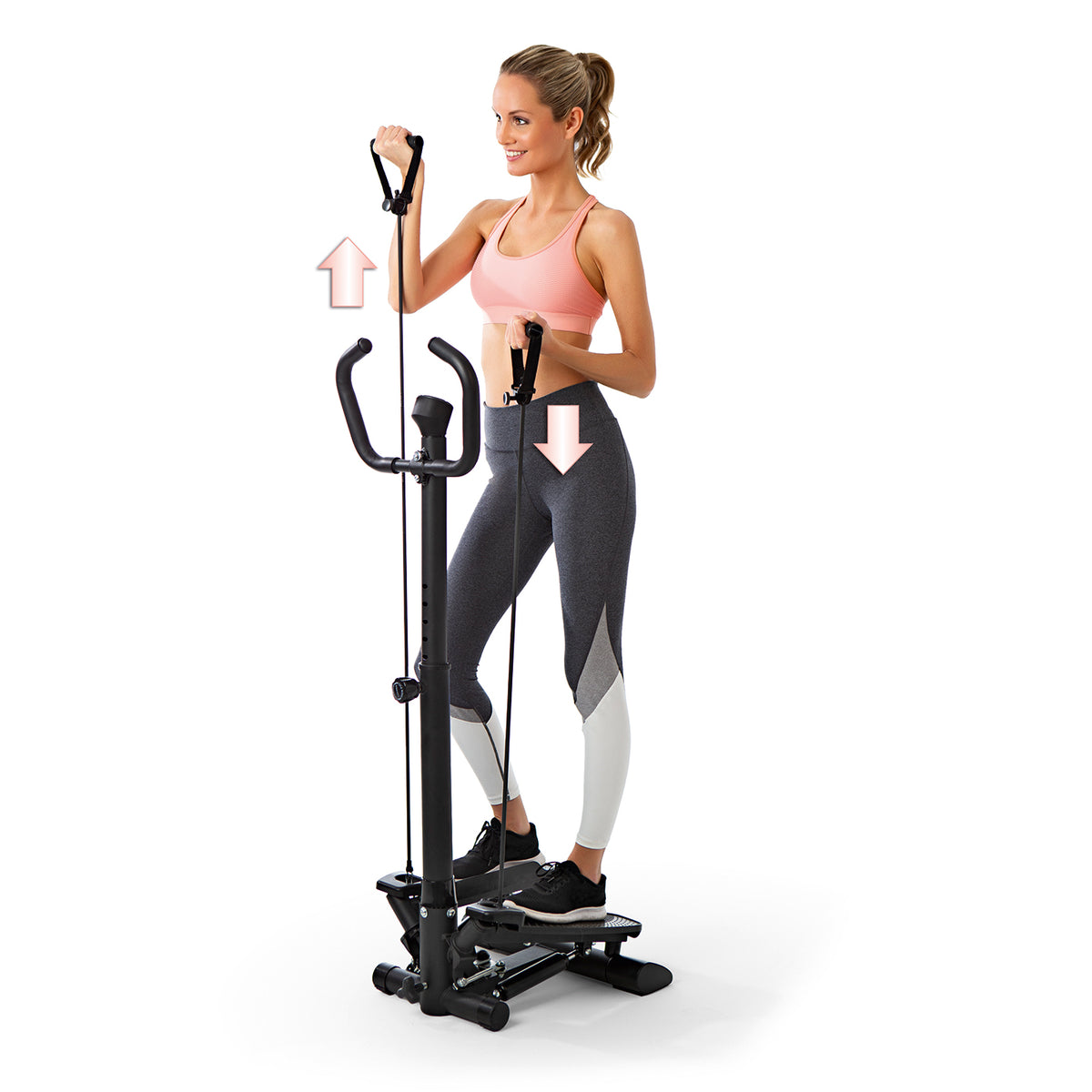 Fitnesstrainer Swing Stepper mit 2 Expanderbändern zeigt Frau beim Training für Beine und Arme mit höhenverstellbarem Griff und LC-Display.