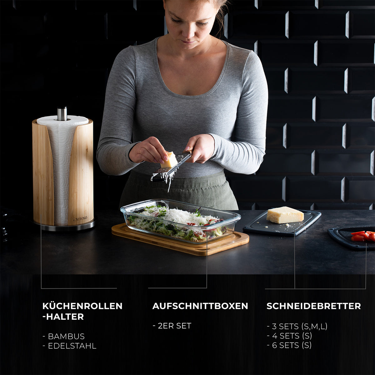 Küchenrollenhalter - Bambus + Edelstahl, stilvoll, nachhaltig, rostfrei, platzsparend, ideal für Küche, Bad, Büro und Restaurant.