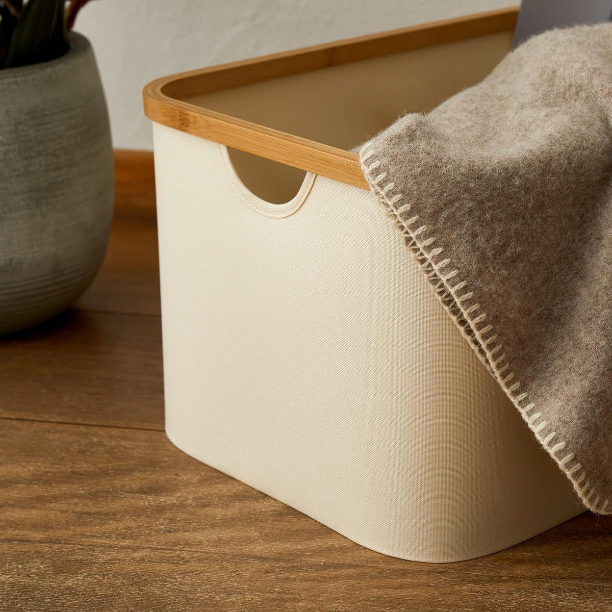 Aufbewahrungsboxen mit Bambus-Rahmen - 3er-Set - Rosa, stapelbare rechteckige Box mit Bambusrahmen und textilem Bezug zur Aufbewahrung.