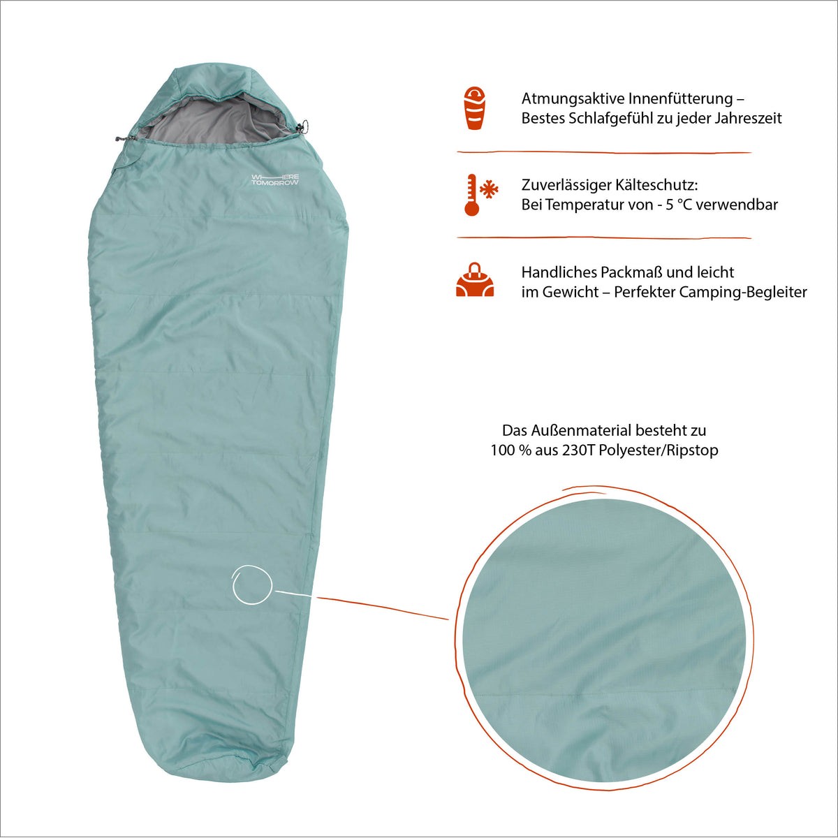 Camping Schlafsack Small & Light Hellblau mit wasserabweisendem Material, atmungsaktiver Innenfütterung und Kälteschutz bis -5 °C.
