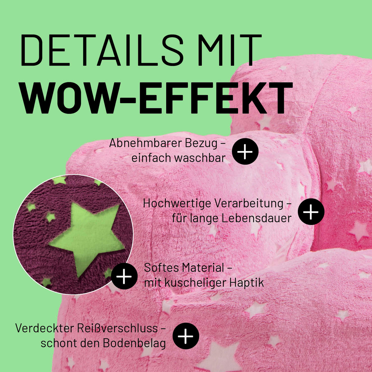 Sessel „Glow in the Dark“ - Pink mit abnehmbarem Bezug, weichem Material, verdecktem Reißverschluss und leuchtendem Sternen-Design.