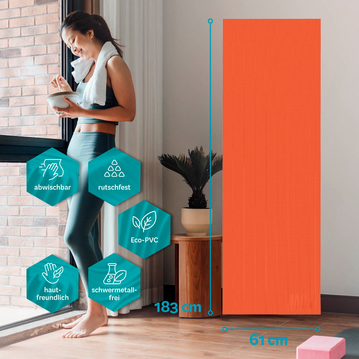 Yogamatte Kirana - 183 x 61 x 0,4 cm - Orange mit rutschfester, hautfreundlicher Oberfläche aus pflegeleichtem Eco-PVC