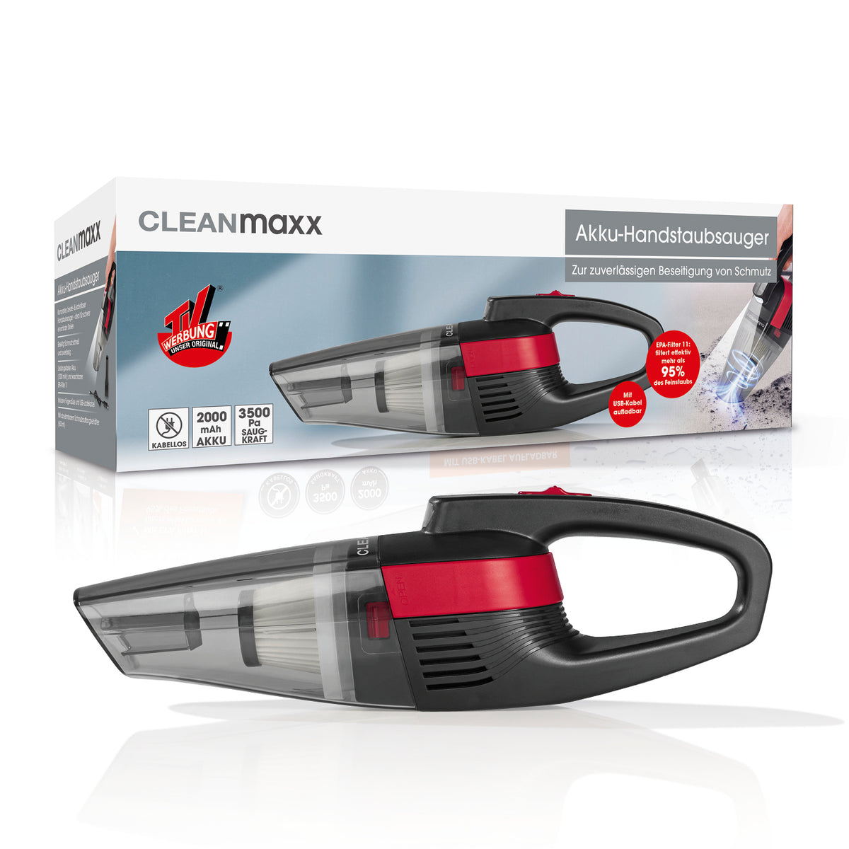 Akku-Handstaubsauger - grau/rot, kompakt, kabellos mit 2000 mAh Akku, LED-Beleuchtung und abnehmbarem 600 ml Schmutzbehälter.