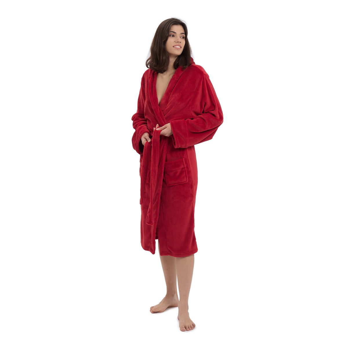 Luxury Mikrofaser Bademantel mit Kapuze für Damen und Herren in Rot, Größe XXL, flauschig, bequem und schnelltrocknend.