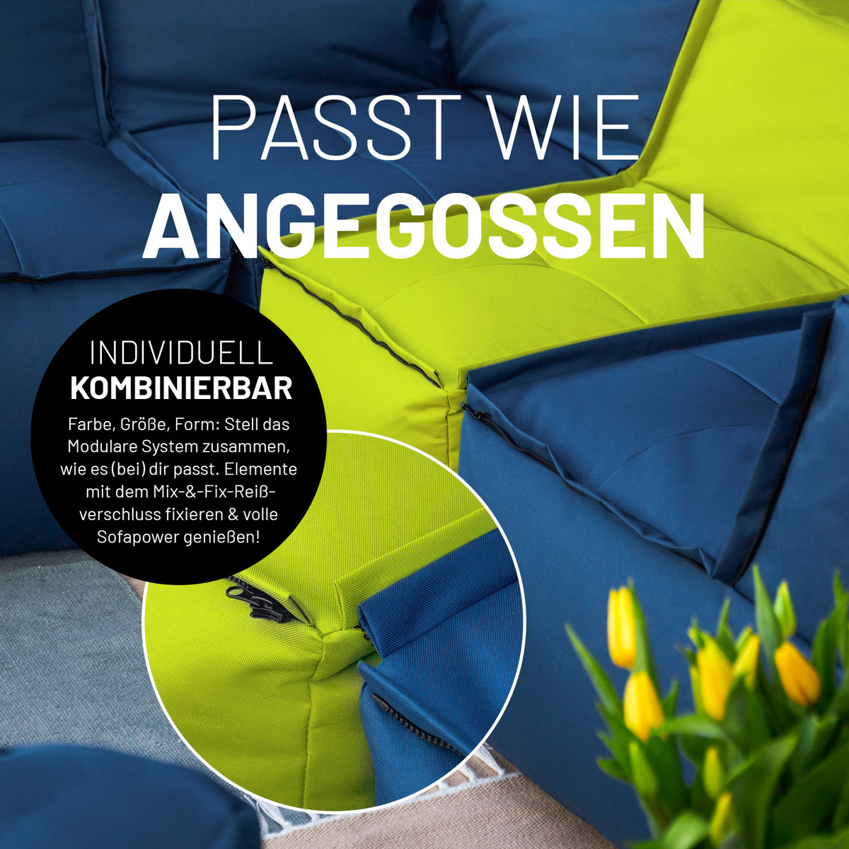 Sitzsack-Sofa Ecke (340 L) modulares System mit Mix-&-Fix-Reißverschluss in Apfelgrün, ideal für indoor & outdoor Nutzung.