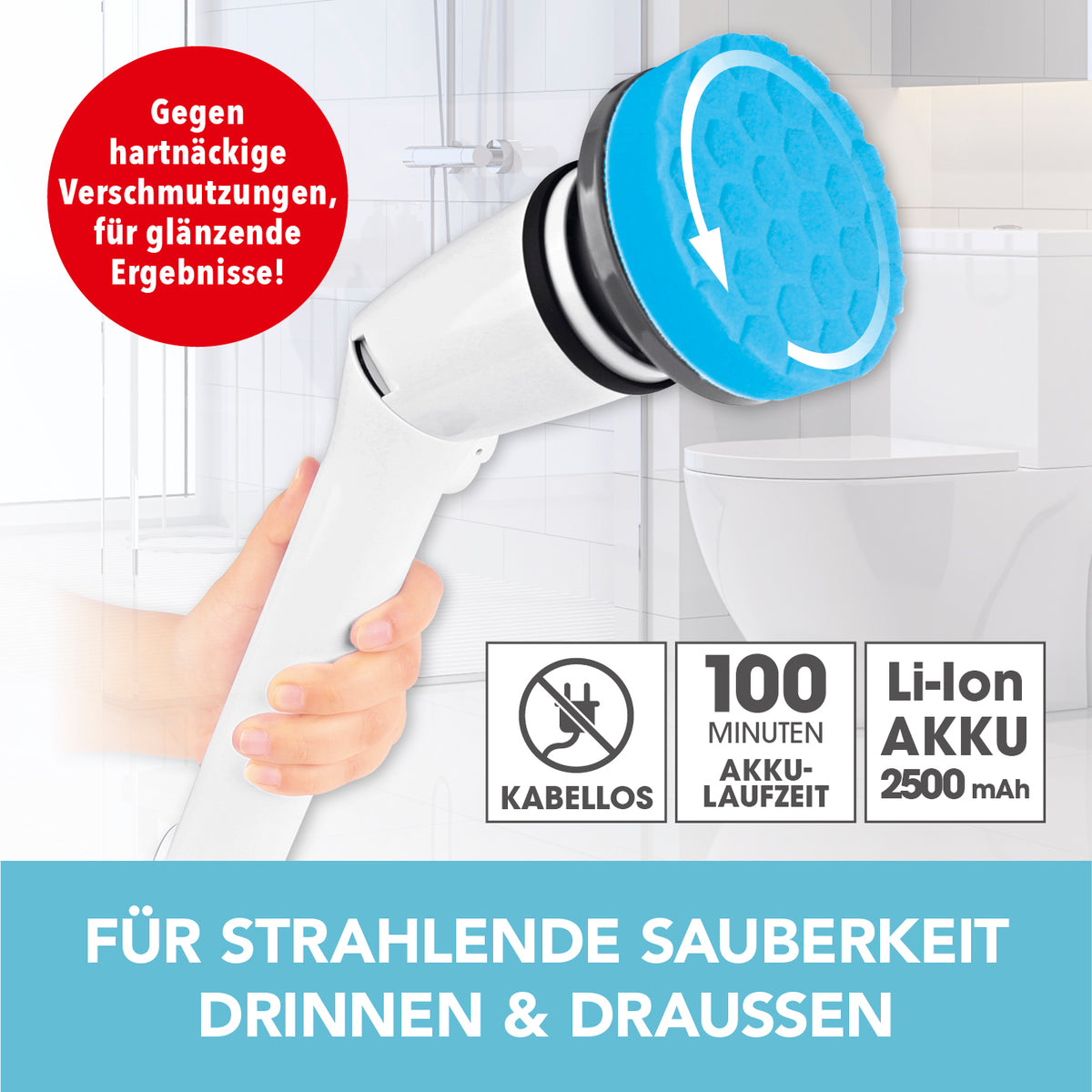 Akku-Reinigungsbürsten-Set - weiß/schwarz mit 7 Aufsätzen, kabellos, 100 Min. Laufzeit, Li-Ion Akku, für gründliche Reinigung innen und außen.