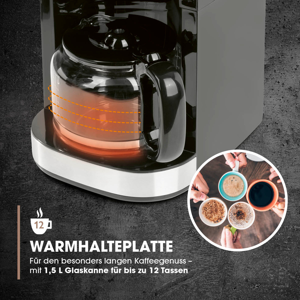 Kaffeemaschine mit Mahlwerk mit Glaskanne 1,5 l für bis zu 12 Tassen und Warmhalteplatte für langanhaltenden Kaffeegenuss.