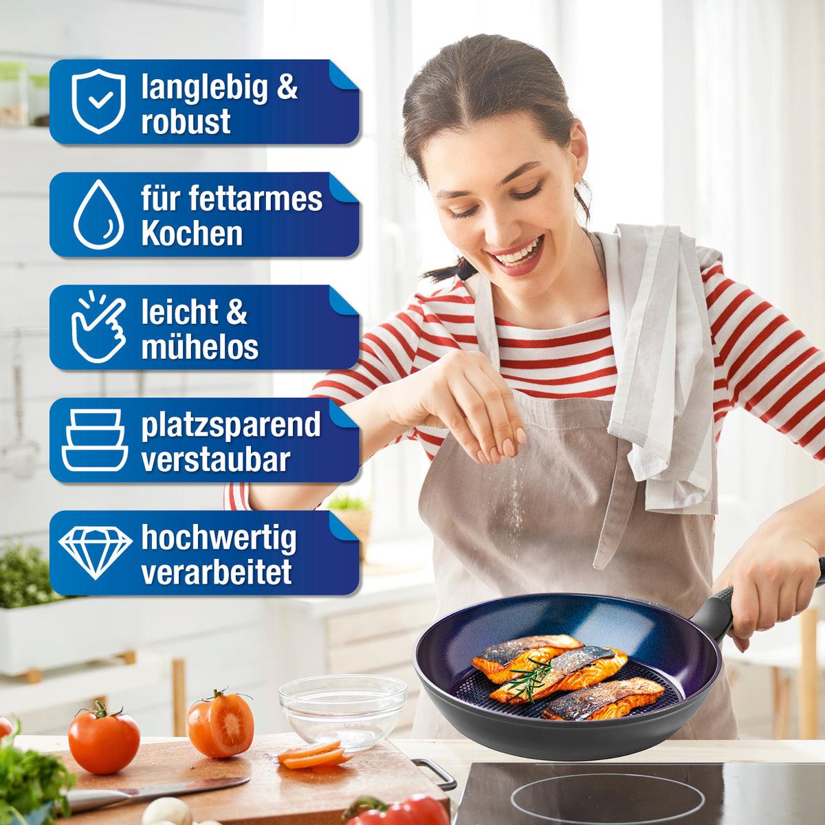 Aluminium-Bratpfanne Ø 24 cm mit Antihaftbeschichtung, robust, leicht, platzsparend und für fettarmes Kochen geeignet.