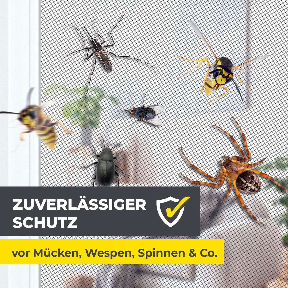 Moskitonetz für Fenster mit selbstklebendem Klettband - 2er-Set - 150 x 180 cm - Schwarz schützt zuverlässig vor Insekten wie Mücken, Wespen und Spinnen.