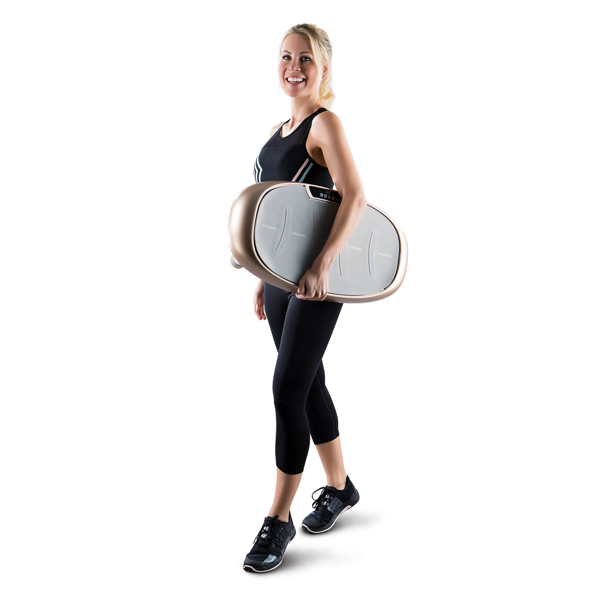 Frau trägt Vibrationstrainer - Champagner/Grau mit 30 Vibrationsstufen und Expanderbändern, ideal für individuelles Training.
