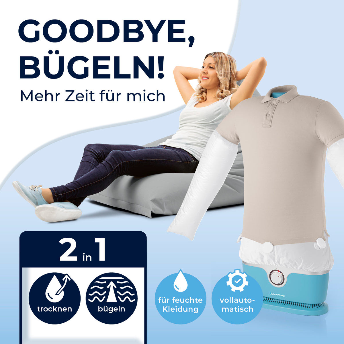 Hemdenbügler PRO - Blau vollautomatisch trocknet und bügelt feuchte Kleidung sanft und zeitsparend in 10 Minuten.