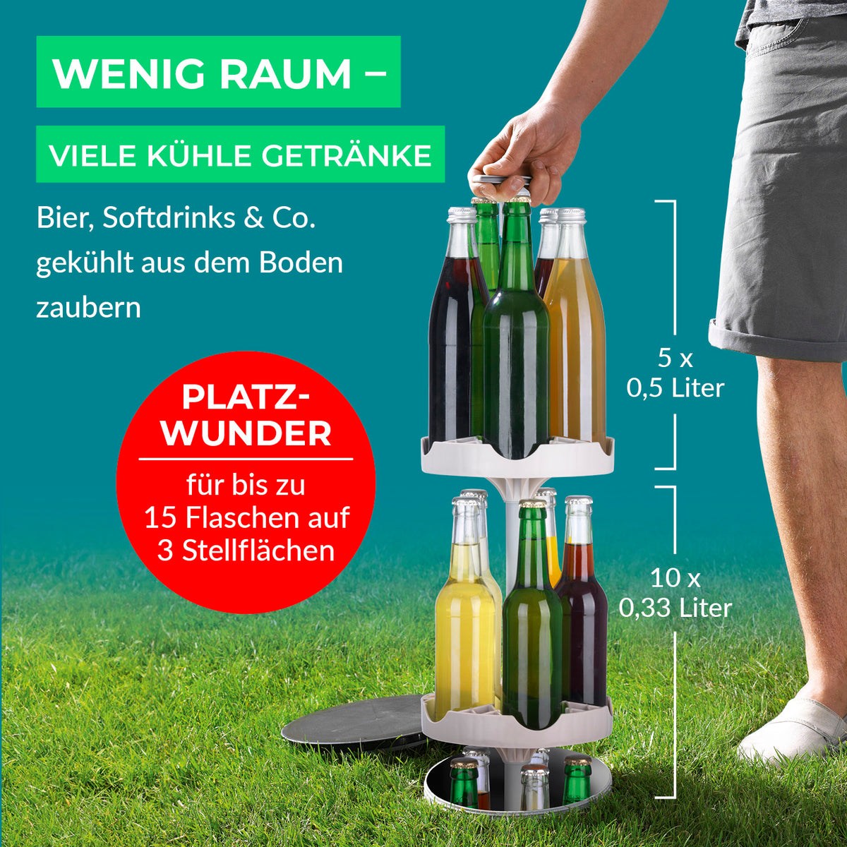 Outdoor-Flaschenkühler mit 3 Stellflächen für bis zu 13 Flaschen, kompakt, stromlos und ideal für Grillen und Gartenpartys.