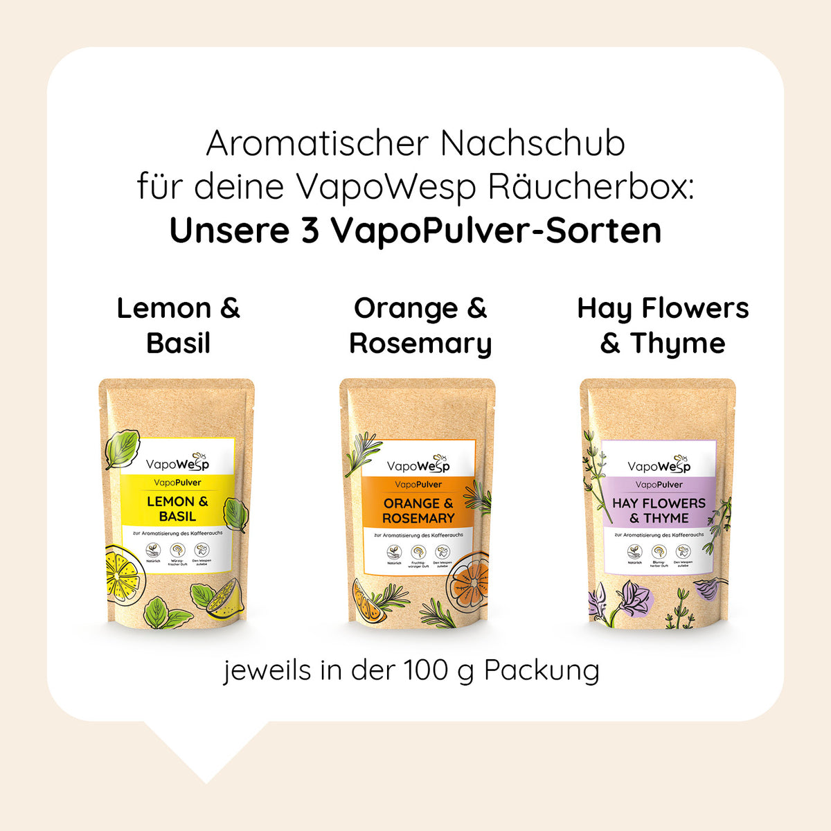 Pulver-Set Orange & Rosemary + Lemon & Basil + Hay Flowers & Thyme, aromatische 100g VapoWesp Räucherbox Nachfüllpackungen.