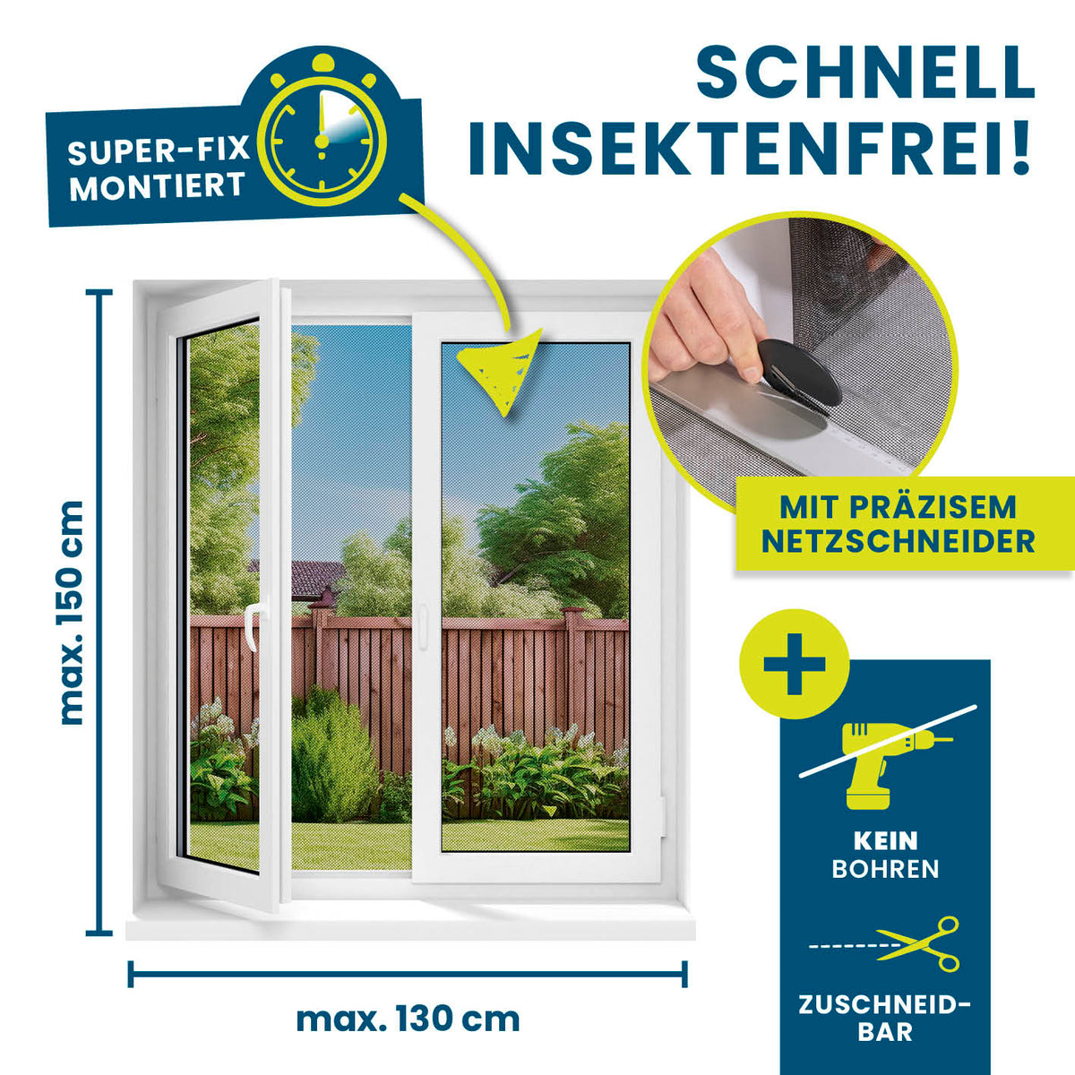Insektenschutzgitter mit Magnetbefestigung - 150 x 130 cm - 2er-Set, einfach montierbar ohne Bohren, mit Netzschneider für präzisen Zuschnitt.