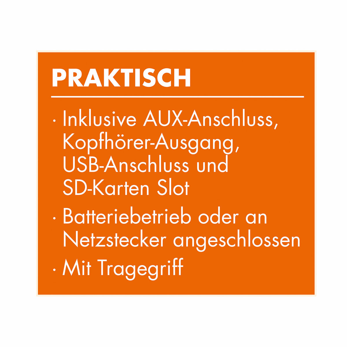 Retro-Radio - mint mit AUX-Anschluss, Kopfhörer-Ausgang, USB, SD-Karten Slot, batteriebetrieben, Netzstecker und Tragegriff.