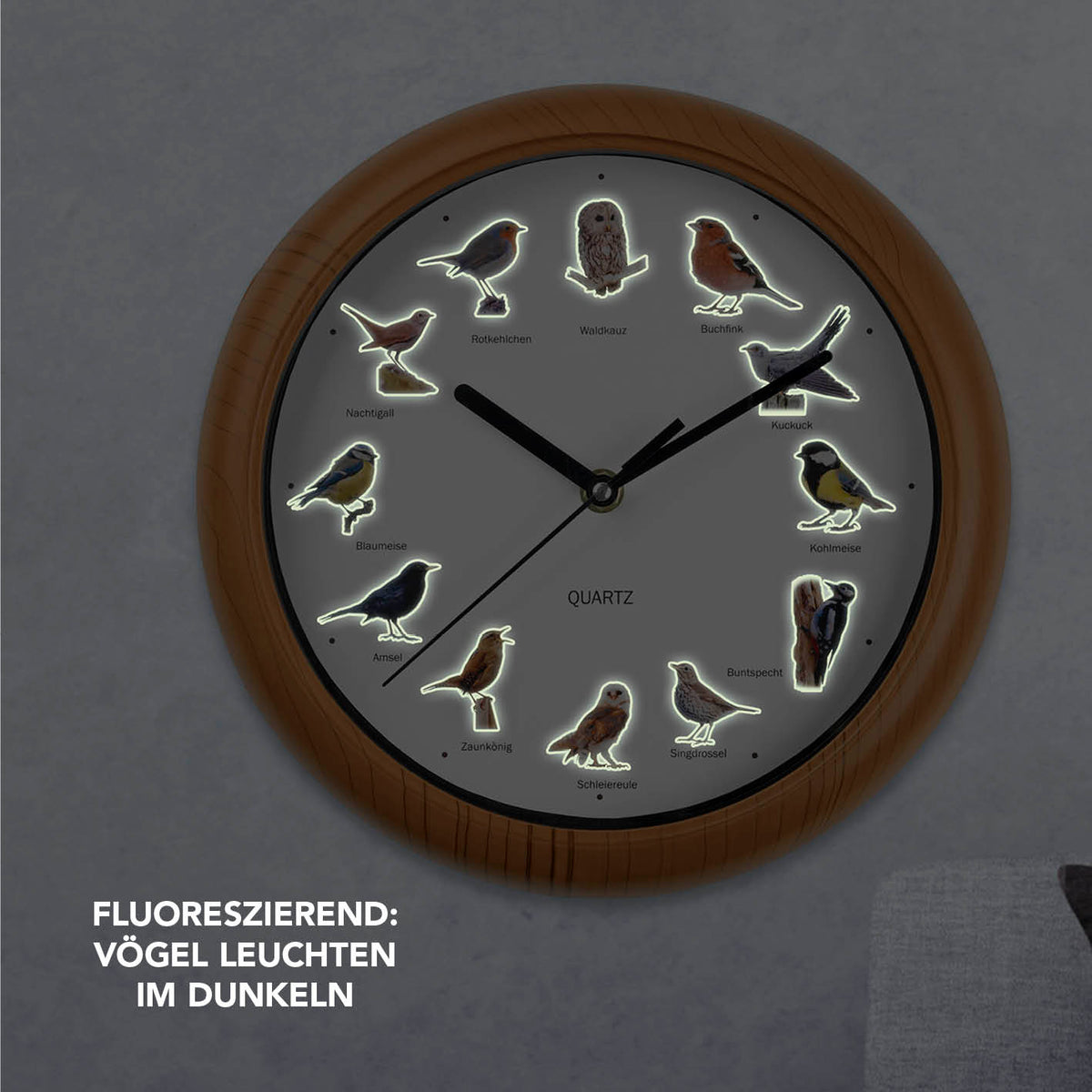 Wanduhr mit Vogelstimmen - 25cm zeigt fluoreszierende Vogelbilder, leuchtet im Dunkeln mit naturgetreuen Vogelstimmen zu jeder vollen Stunde.