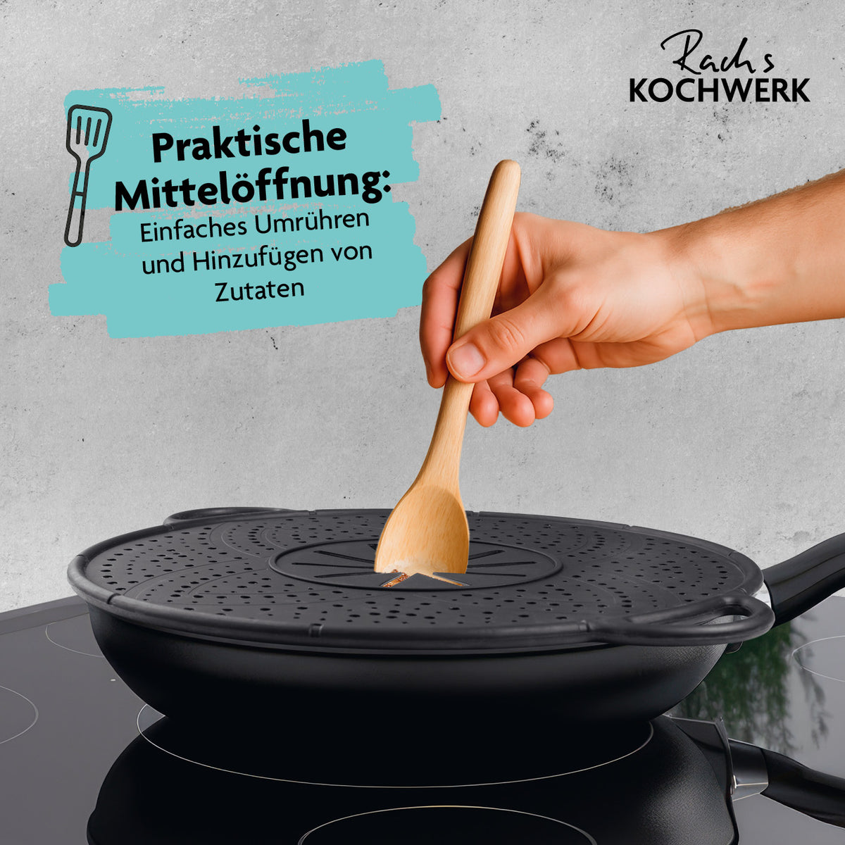 Silikon Spritzschutz 4-in-1 Ø 30 cm mit praktischer Mittelöffnung zum Umrühren und Zutaten hinzufügen beim Kochen.