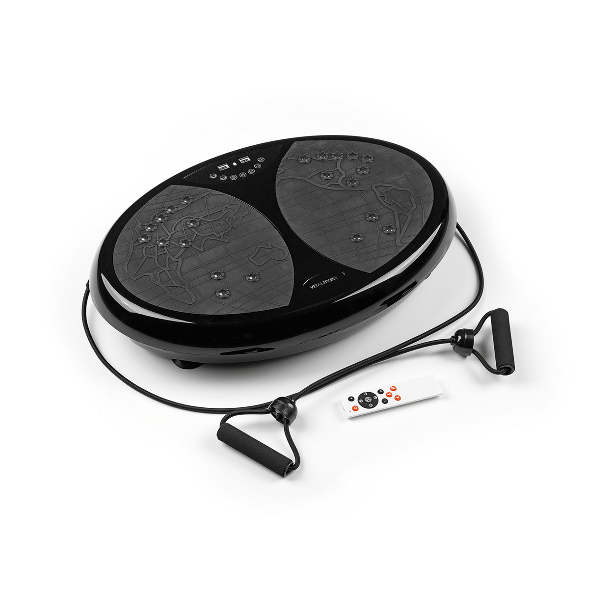 Vibrationstrainer mit rutschfester Fläche, Expanderbändern und Fernbedienung für vielseitiges Ganzkörpertraining zu Hause.